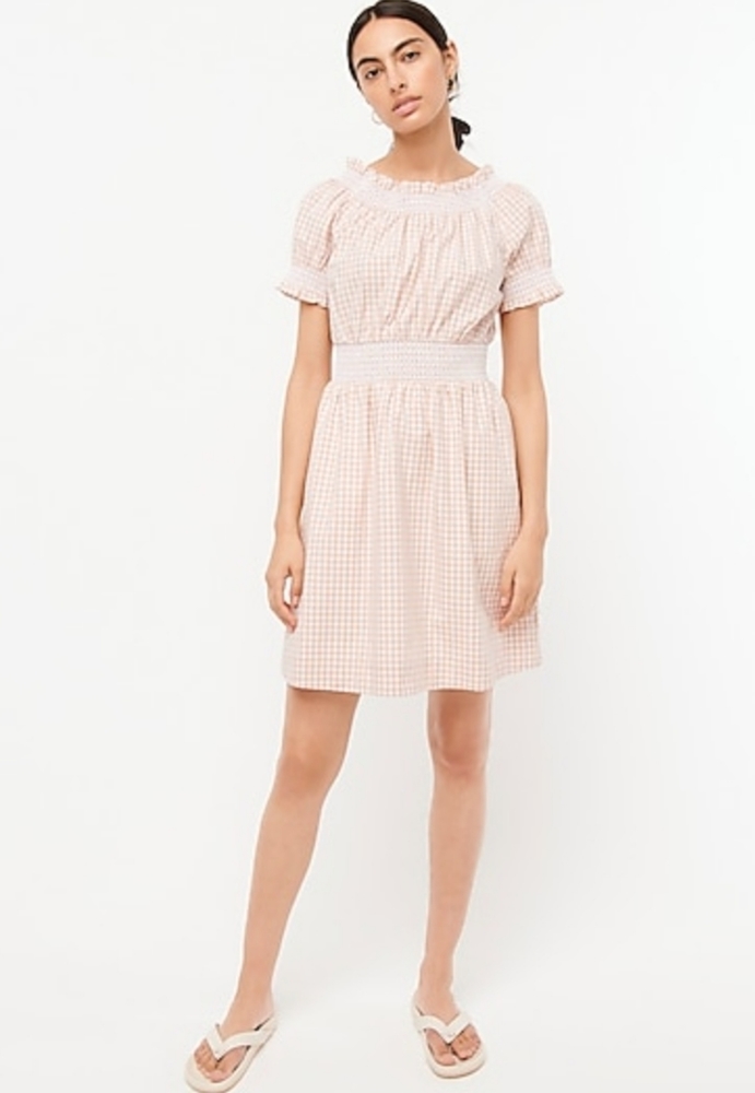 J Crew Smoked Puff Sleeve Cotton Popplin Dress in Gingham